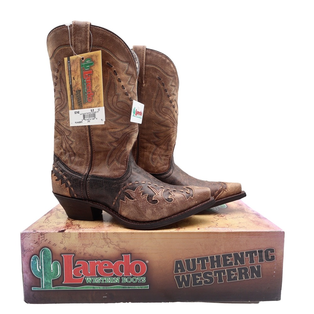 Laredo Western Cowboy Boots Women 9.5 M Black Tan Laced Tip Leather NWT